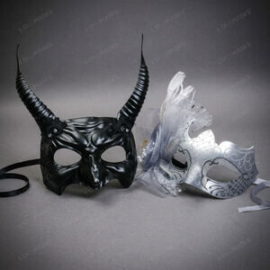 Black Devil Horn Demon Mask & Silver Tulle Glitter Masquerade Couple Mask Set